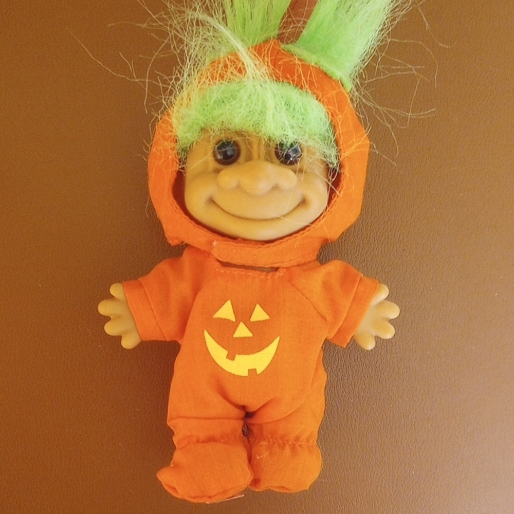 Russ Vintage Troll Jack-o'-lantern Halloween Doll, Green Hair, Brown Eyes